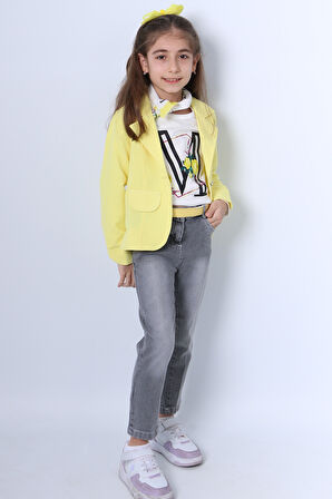 KIZ ÇOCUK CEKETLİ 3`LÜ TAKIM FULARLI KOT PANTOLONLU ZİNCİR DETAYLI F23