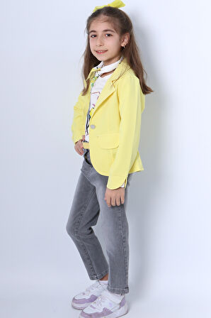 KIZ ÇOCUK CEKETLİ 3`LÜ TAKIM FULARLI KOT PANTOLONLU ZİNCİR DETAYLI F23