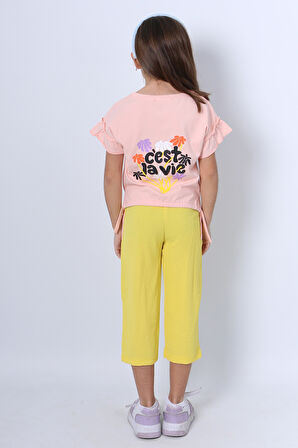 KIZ ÇOCUK İKİLİ TAKIM SIRT BASKILI PÜSKÜLLÜ KOLLARI FIFIRLI F20