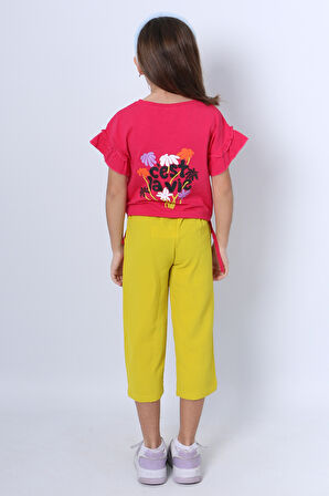 KIZ ÇOCUK İKİLİ TAKIM SIRT BASKILI PÜSKÜLLÜ KOLLARI FIFIRLI F20