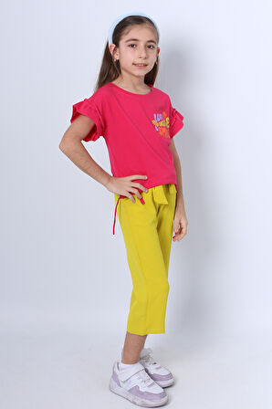 KIZ ÇOCUK İKİLİ TAKIM SIRT BASKILI PÜSKÜLLÜ KOLLARI FIFIRLI F20