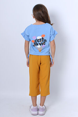 KIZ ÇOCUK İKİLİ TAKIM SIRT BASKILI PÜSKÜLLÜ KOLLARI FIFIRLI F20