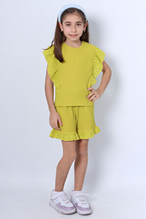 KIZ ÇOCUK ŞORTLU TAKIM DANTEL DETAYLI DÜZ RENK FIRFIRLI F24