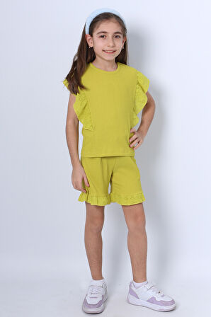 KIZ ÇOCUK ŞORTLU TAKIM DANTEL DETAYLI DÜZ RENK FIRFIRLI F24