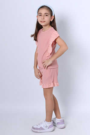 KIZ ÇOCUK ŞORTLU TAKIM DANTEL DETAYLI DÜZ RENK FIRFIRLI F24