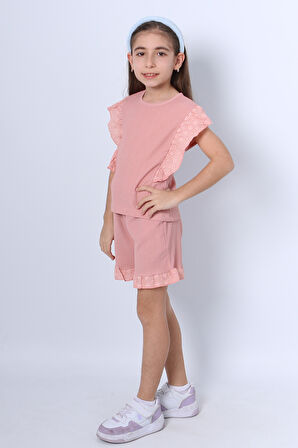 KIZ ÇOCUK ŞORTLU TAKIM DANTEL DETAYLI DÜZ RENK FIRFIRLI F24