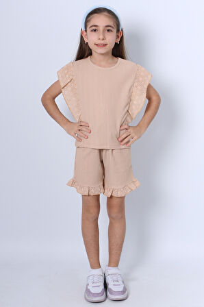 KIZ ÇOCUK ŞORTLU TAKIM DANTEL DETAYLI DÜZ RENK FIRFIRLI F24