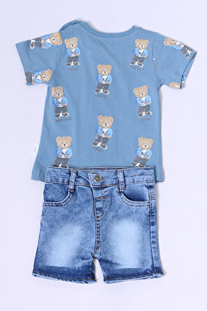 ERKEK BEBEK ŞORTLU TAKIM KOT ŞORTLU ÇITÇIT DETAYLI BASKILI B26