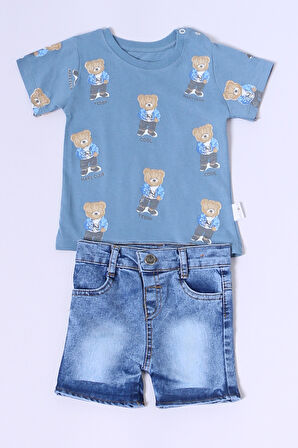 ERKEK BEBEK ŞORTLU TAKIM KOT ŞORTLU ÇITÇIT DETAYLI BASKILI B26