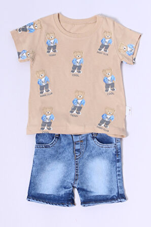 ERKEK BEBEK ŞORTLU TAKIM KOT ŞORTLU ÇITÇIT DETAYLI BASKILI B26