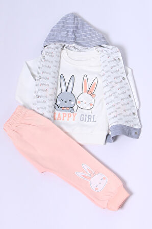 KIZ BEBEK YELEKLİ TAKIM KAPŞONLU ÇITÇITLI TAVŞAN BASKILI A15