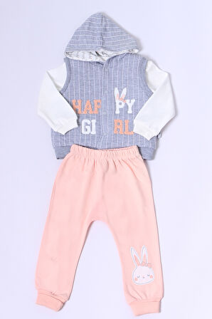 KIZ BEBEK YELEKLİ TAKIM KAPŞONLU ÇITÇITLI TAVŞAN BASKILI A15