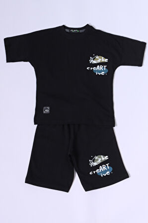 ERKEK ÇOCUK ŞORTLU TAKIM SIRT BASKILI OVERSİZE KALIP D45
