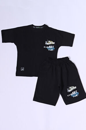 ERKEK ÇOCUK ŞORTLU TAKIM SIRT BASKILI OVERSİZE KALIP D45