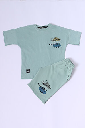 ERKEK ÇOCUK ŞORTLU TAKIM SIRT BASKILI OVERSİZE KALIP D45