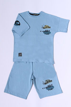 ERKEK ÇOCUK ŞORTLU TAKIM SIRT BASKILI OVERSİZE KALIP D45