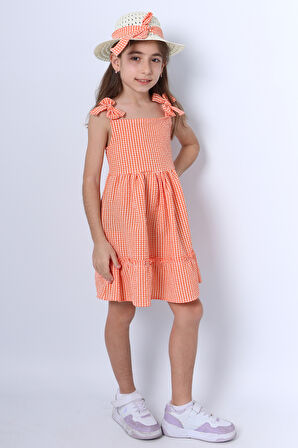 KIZ ÇOCUK ŞAPKALI ELBİSE KARELİ FİYONKLU B33