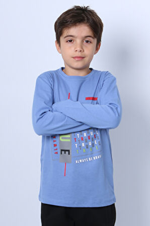 ERKEK ÇOCUK UZUN KOLLU TSHİRT STAY TRUE BASKILI 4 MEVSİM BİSİKLET YAKA E29