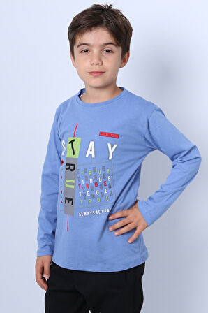 ERKEK ÇOCUK UZUN KOLLU TSHİRT STAY TRUE BASKILI 4 MEVSİM BİSİKLET YAKA E29
