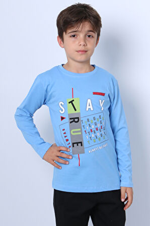 ERKEK ÇOCUK UZUN KOLLU TSHİRT STAY TRUE BASKILI 4 MEVSİM BİSİKLET YAKA E29
