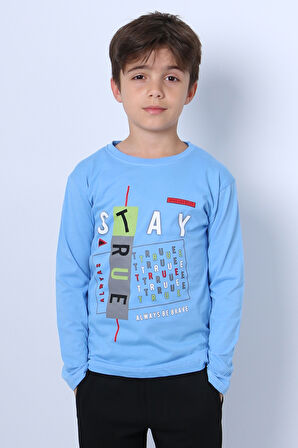 ERKEK ÇOCUK UZUN KOLLU TSHİRT STAY TRUE BASKILI 4 MEVSİM BİSİKLET YAKA E29