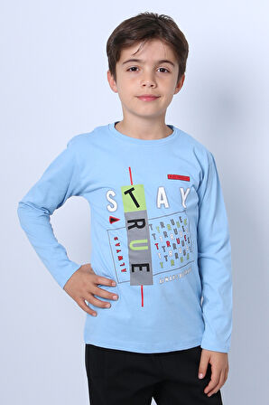 ERKEK ÇOCUK UZUN KOLLU TSHİRT STAY TRUE BASKILI 4 MEVSİM BİSİKLET YAKA E29