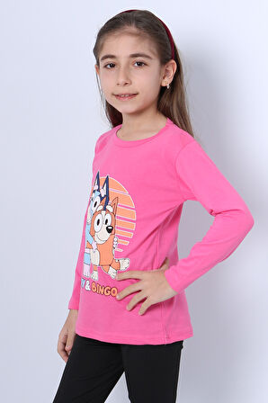 KIZ ÇOCUK UZUN KOL TSHİRT BLUEY İLE BİNGO BASKILI BİSİKLET YAKA D46