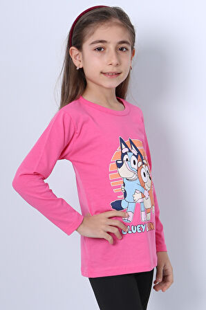 KIZ ÇOCUK UZUN KOL TSHİRT BLUEY İLE BİNGO BASKILI BİSİKLET YAKA D46