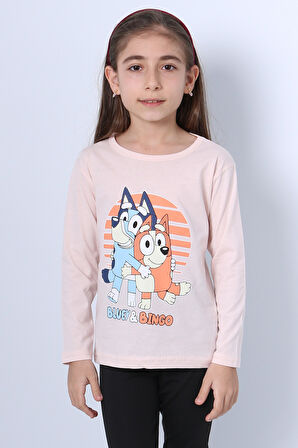 KIZ ÇOCUK UZUN KOL TSHİRT BLUEY İLE BİNGO BASKILI BİSİKLET YAKA D46
