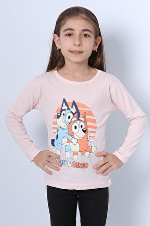 KIZ ÇOCUK UZUN KOL TSHİRT BLUEY İLE BİNGO BASKILI BİSİKLET YAKA D46