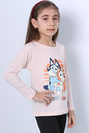 KIZ ÇOCUK UZUN KOL TSHİRT BLUEY İLE BİNGO BASKILI BİSİKLET YAKA D46