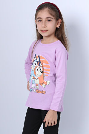 KIZ ÇOCUK UZUN KOL TSHİRT BLUEY İLE BİNGO BASKILI BİSİKLET YAKA D46