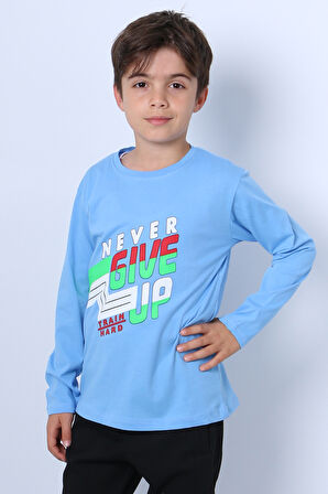 ERKEK ÇOCUK UZUN KOLLU TSHİRT NEVER GİVE UP BASKILI BİSİKLET YAKA D10