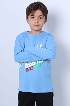 ERKEK ÇOCUK UZUN KOLLU TSHİRT NEVER GİVE UP BASKILI BİSİKLET YAKA D10