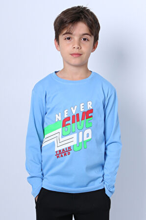 ERKEK ÇOCUK UZUN KOLLU TSHİRT NEVER GİVE UP BASKILI BİSİKLET YAKA D10