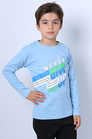 ERKEK ÇOCUK UZUN KOLLU TSHİRT NEVER GİVE UP BASKILI BİSİKLET YAKA D10