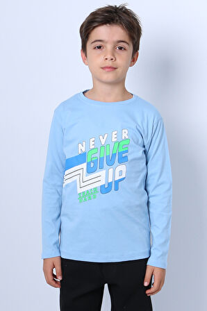 ERKEK ÇOCUK UZUN KOLLU TSHİRT NEVER GİVE UP BASKILI BİSİKLET YAKA D10