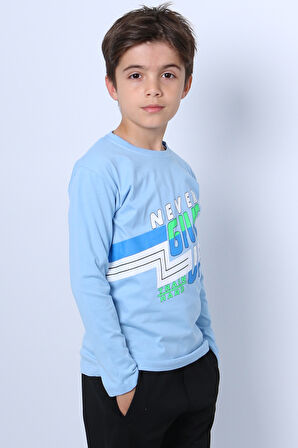 ERKEK ÇOCUK UZUN KOLLU TSHİRT NEVER GİVE UP BASKILI BİSİKLET YAKA D10