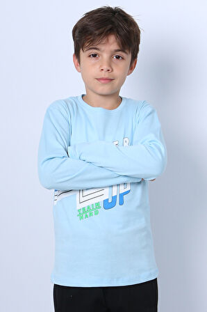 ERKEK ÇOCUK UZUN KOLLU TSHİRT NEVER GİVE UP BASKILI BİSİKLET YAKA D10