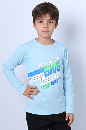 ERKEK ÇOCUK UZUN KOLLU TSHİRT NEVER GİVE UP BASKILI BİSİKLET YAKA D10