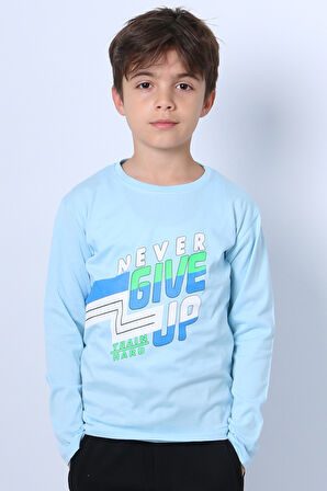 ERKEK ÇOCUK UZUN KOLLU TSHİRT NEVER GİVE UP BASKILI BİSİKLET YAKA D10