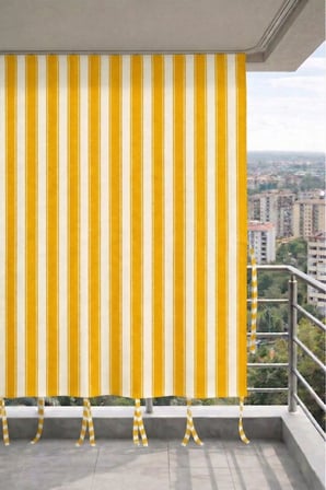 Sarı-Beyaz balkon perdesi kornişli bağcıklı dış mekan dayanıklı modern balkon brandası