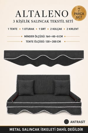 Zish Home ALTALENO Antrasit 3 Kişilik 150×48 cm Süngerli Bahçe Balkon Salıncak Minderi | Yıkanabilir Kılıflı, Tenteli Keten Kumaş Tekstil Seti | 24 DNS 8 cm Orta Sert Sünger