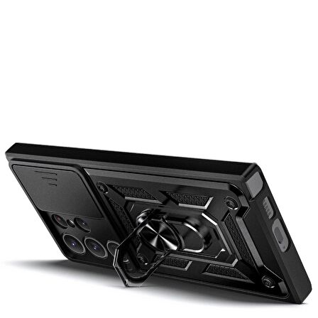 Gpack Samsung Galaxy S23 Ultra Kılıf Sert Silikon Tank Aramid Sürgülü Vega Yüzüklü