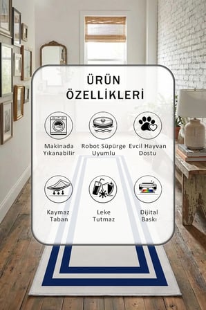 Çerçeve Krem Lacivert Salon Mutfak Yatak Odası Dijital Baskı Yolluk Halı Krem