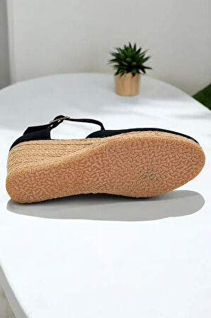 Kadın Keten Espadril Sandalet – Düz Form, Yazlık Dolgu Topuk