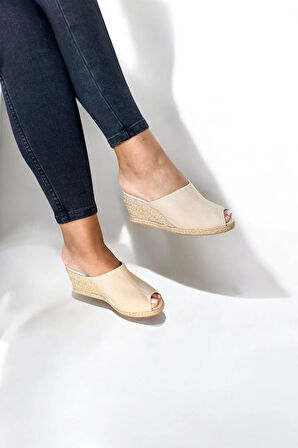 Kadın Espadril Terlik – Keten Kumaş, Dolgu Topuk, Yazlık