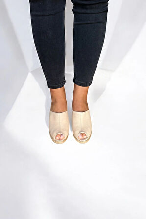 Kadın Espadril Terlik – Keten Kumaş, Dolgu Topuk, Yazlık