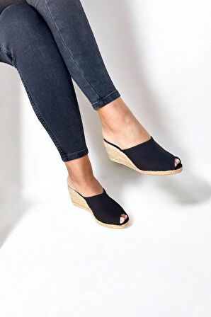 Kadın Espadril Terlik – Keten Kumaş, Dolgu Topuk, Yazlık