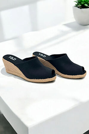 Kadın Espadril Terlik – Keten Kumaş, Dolgu Topuk, Yazlık